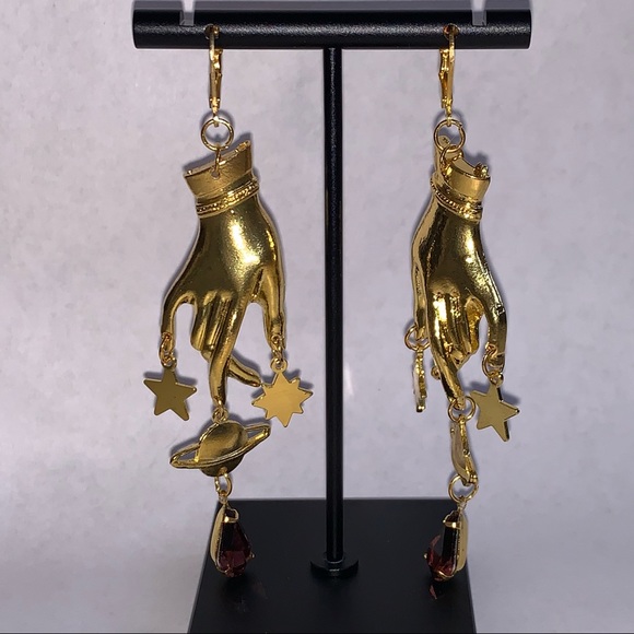Gold Dangling Hand Planet and Star with Burgundy Cubic Zirconia Earrings - Picture 2 of 3
